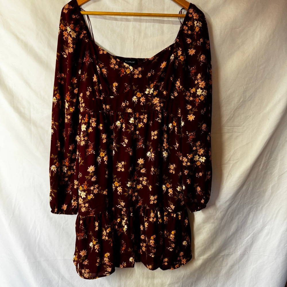 Blu Pepper Burgundy Floral Long Sleeve Babydoll Mini Dress - Women's